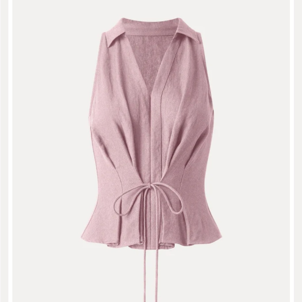 OGL Pink Collared V-neck Pleated Sleeveless Top with Drawstring